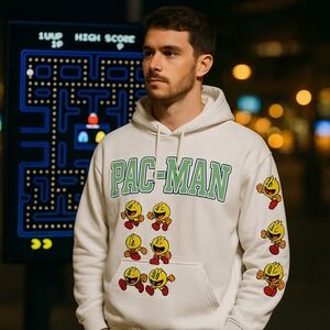 Pac-Man Hoodie White Graphic Sweatshirt Adult Large Retro Gamer‎ Nostalgia